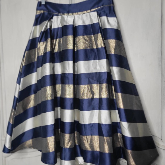 Lulus Dresses & Skirts - Lulu's Metallic Navy Striped Pleated A-Line Full Flare Satin Midi Skirt✨️sz S